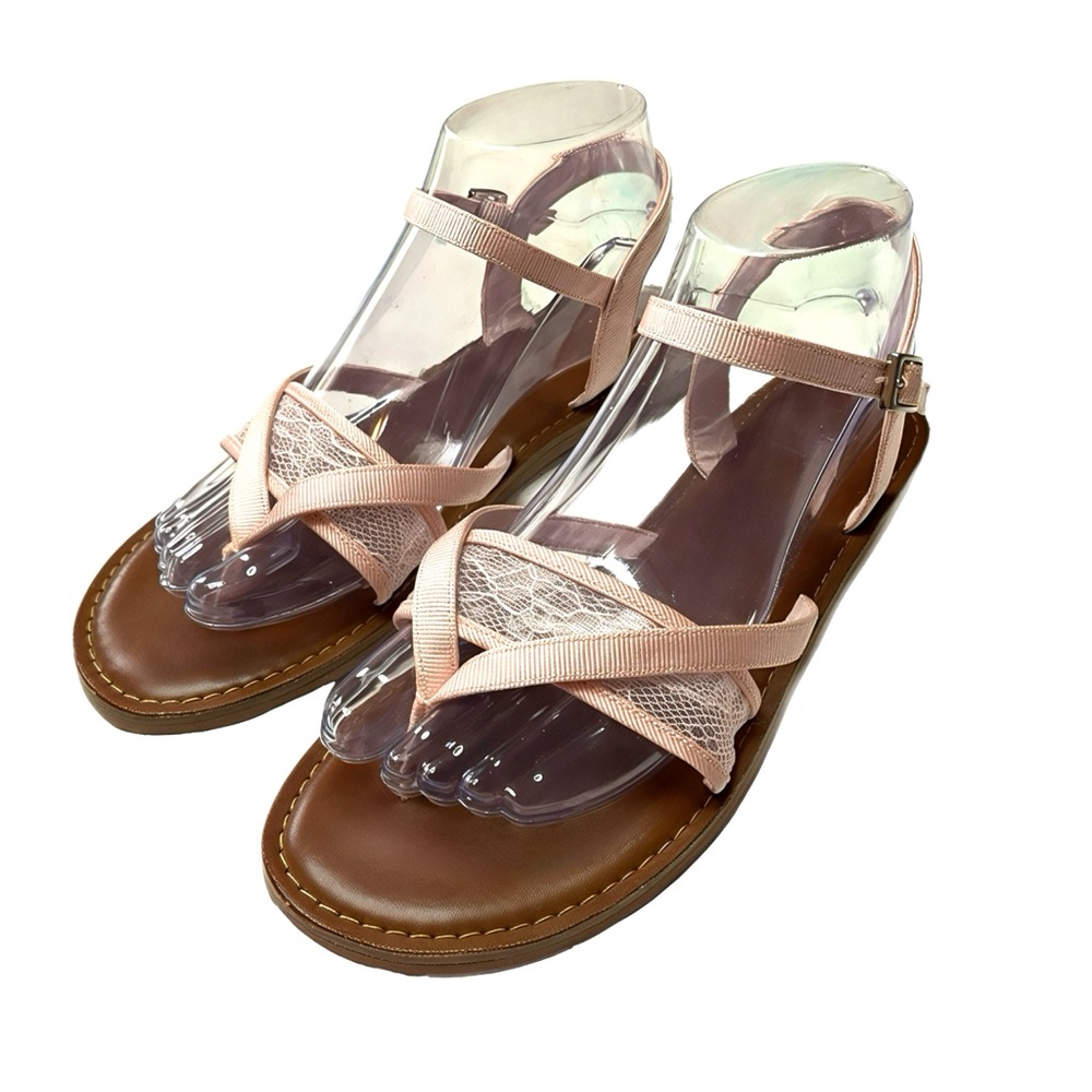 Tom’s Petal Pink Lace Lexie Sandals W7 Grosgrain Ankle Strap Thong Women’s